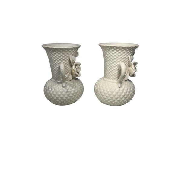 VTG Double Handled Porcelain Vase Raised Floral Diamond Cut Japan Set Of 2 *READ - Picture 12 of 12